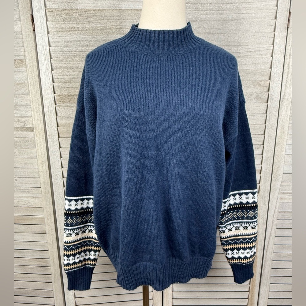 MADE WITH LOVE Women's Navy Blue Mockneck Sweater with Fair Isle Sleeve-XL